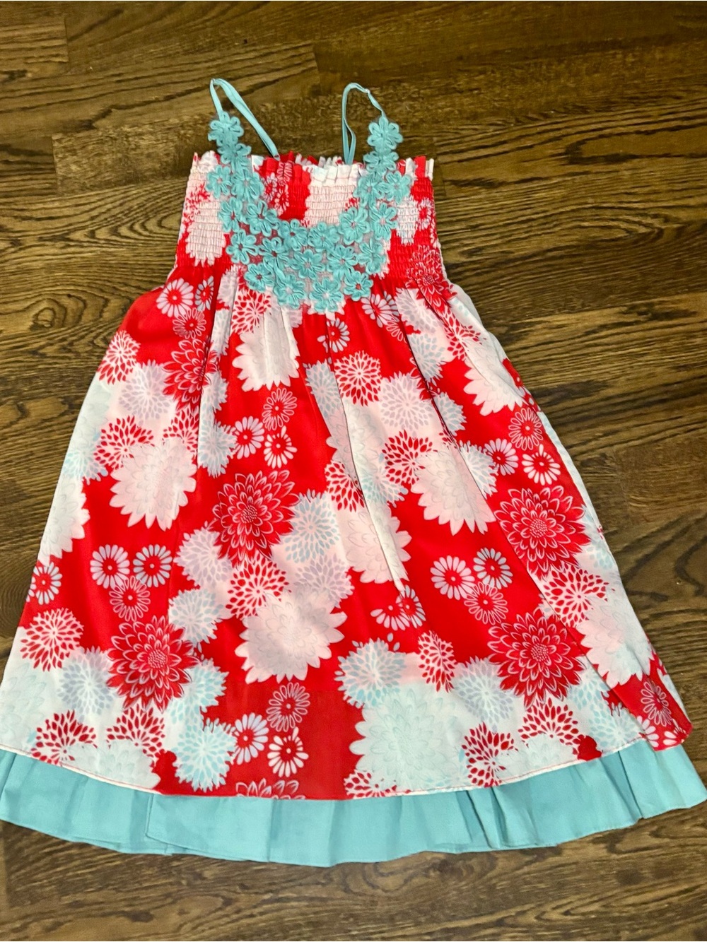 Areve Floral Applique‎ Sundress Red Aqua White Knee Length M
